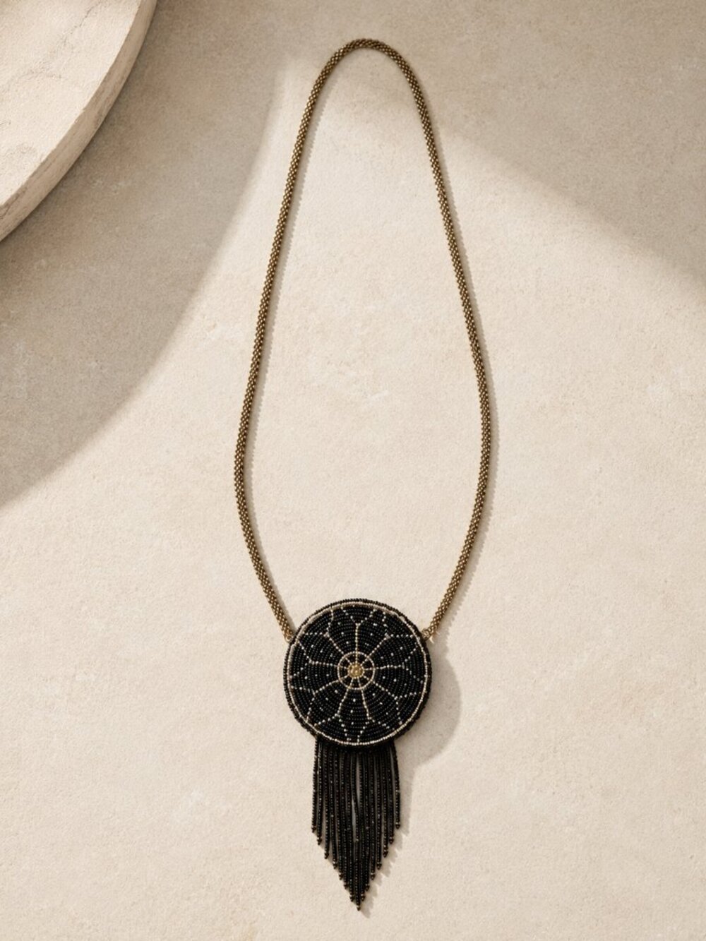 Vintage Black Beaded Dreamcatcher Pouch Boho Festival Statement Necklace